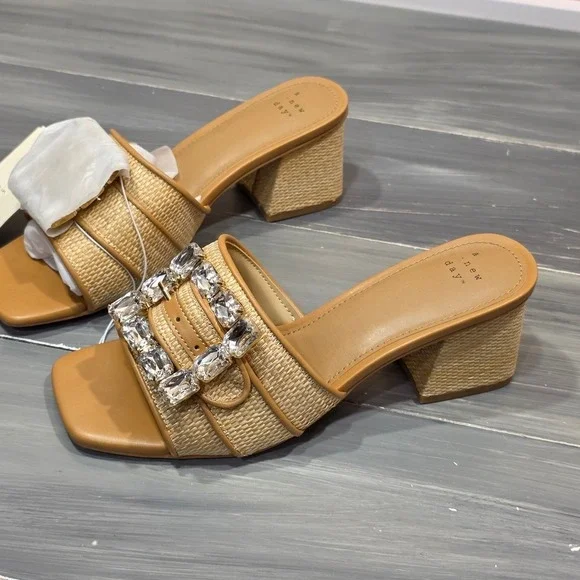 A New Day Kathleen Sandals Raffia Rhinestone Buckle Block Heel Mules Square Toe - Picture 2 of 15
